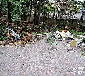 backyard renovation, landscape, outdoor living, patio, ponds water features, porches, We hosted a big fall party last weekend and all 32 people hung out on the patio it s perfect for a crowd