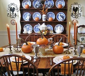 my rustic thanksgiving tablescape pumpkins and pewter, home decor, seasonal holiday decor, thanksgiving decorations, Love the contrast of the warm fall colors with my blue and white transferware