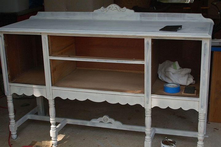 milk paint foyer table, home decor, painted furniture, I removed the doors sanded and gave her a coat of primer