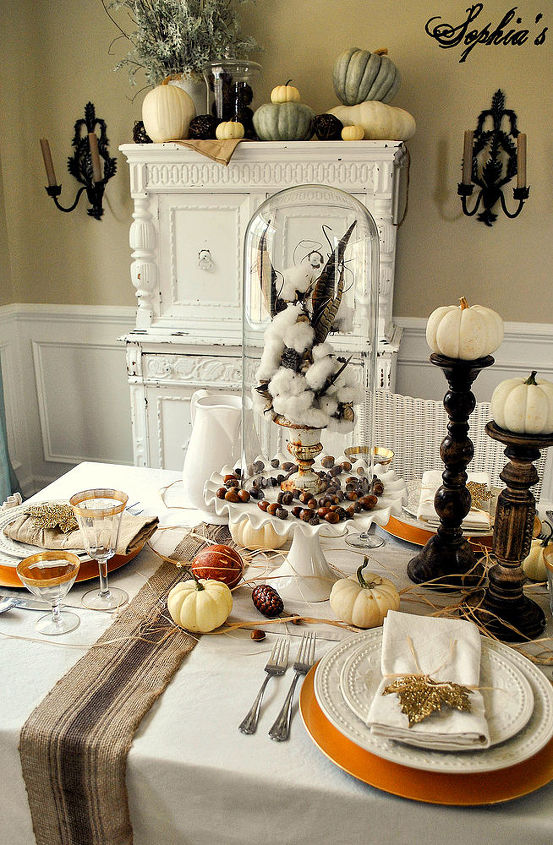 rustic glam thanksgiving table setting, christmas decorations, seasonal holiday d cor, thanksgiving decorations, Rustic stripped burlap ribbon flanks long trestle table breaking up the expanse of ivory tablecloth