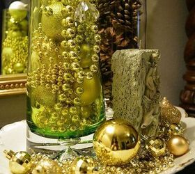 do you decorate your bedroom for christmas, bedroom ideas, christmas decorations, seasonal holiday decor, wreaths, A green vase filled with gold ornaments and gold beading