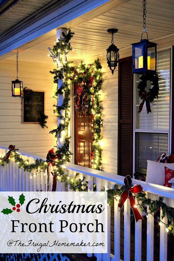 christmas front porch, curb appeal, seasonal holiday decor, wreaths, the hanging candle lit lanterns are my favorite part