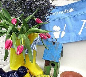 april showers bring hometalk projects and may flowers, flowers, gardening, April rain boots filled with fresh tulips and statice on the potting sink Hometalk work apron ready for action