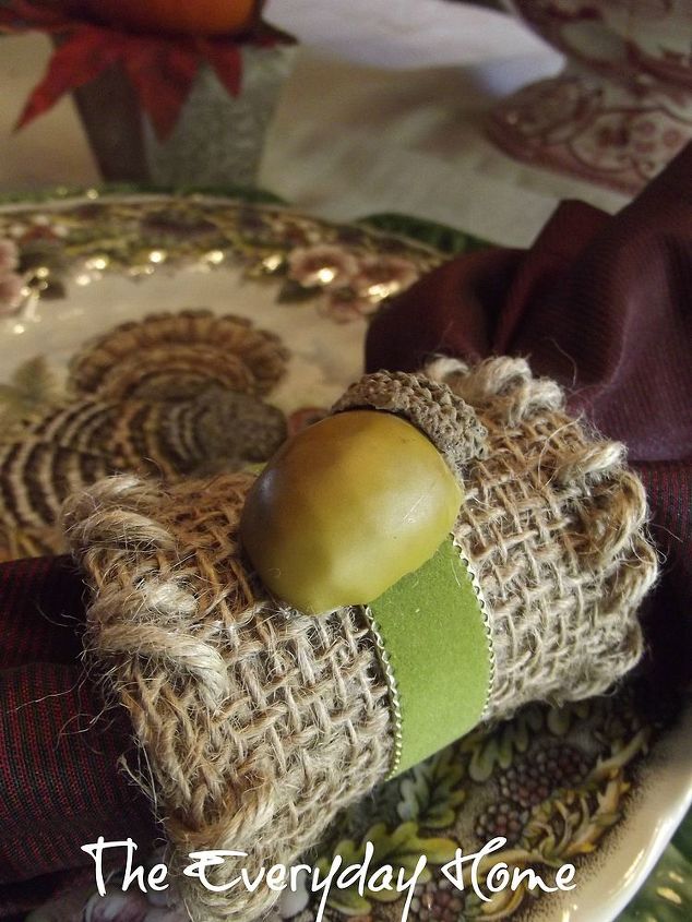 burlap napkins rings from the makers of charmin, crafts, Some stitching with jute created a custom look Some pretty velvet ribbon and a faux acorn