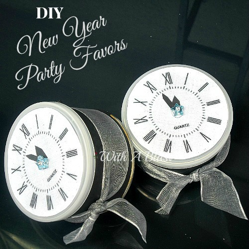 new year s eve party favors, repurposing upcycling, seasonal holiday decor, Empty cans wrapped in black tissue paper a simple silver ribbon and photocopied clock faces use as a Party favor decoration or noise maker