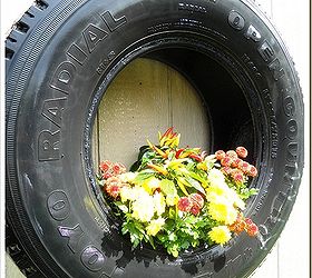 tire planters, flowers, gardening, repurposing upcycling, Fall mums