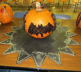 decorate a pumpkin for halloween with thumbtacks, chalk paint, chalkboard paint, crafts, halloween decorations, seasonal holiday decor, The bat was created from clear thumbtacks sprayed black