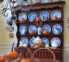 my dining room for fall bittersweet burlap and wonderful long stemmed pumpkins are, home decor, seasonal holiday decor, My hutch for fall