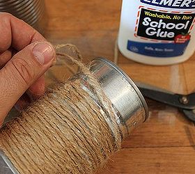 jute wrapped tin cans, crafts, I spread glue on the cans and wrapped the jute string a tightly as I could Glue dries clear so need need to be absolutely perfect