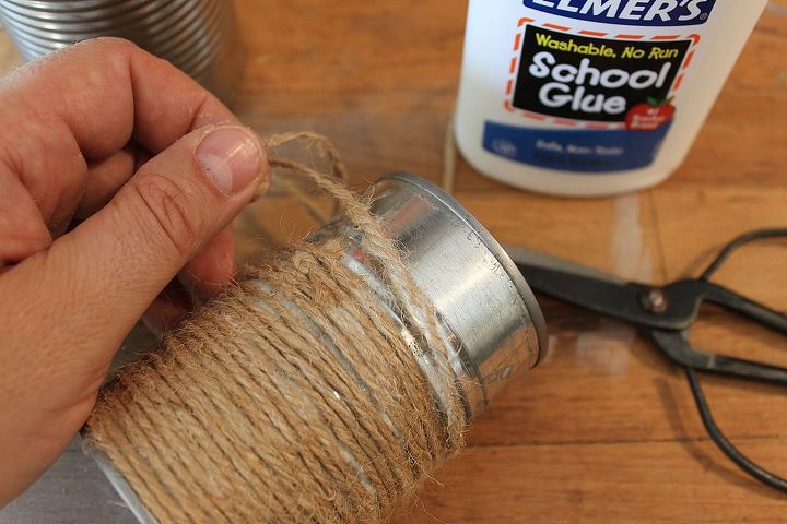 jute wrapped tin cans, crafts, I spread glue on the cans and wrapped the jute string a tightly as I could Glue dries clear so need need to be absolutely perfect