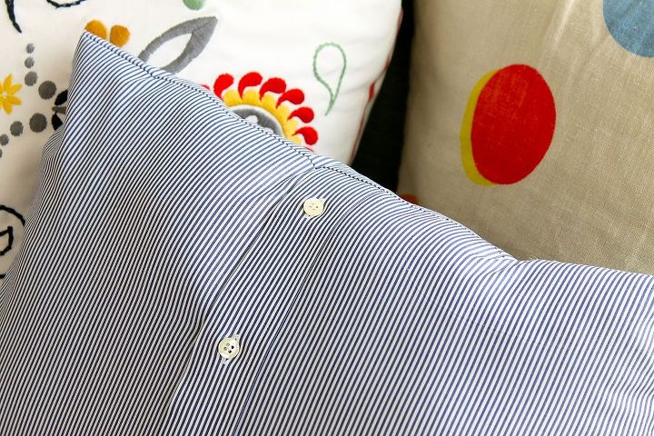 make a pillow from a man s shirt, crafts, repurposing upcycling, The pillow is sporty and the blue and white stripes work with any decor I plan to use it on our back porch in the summer