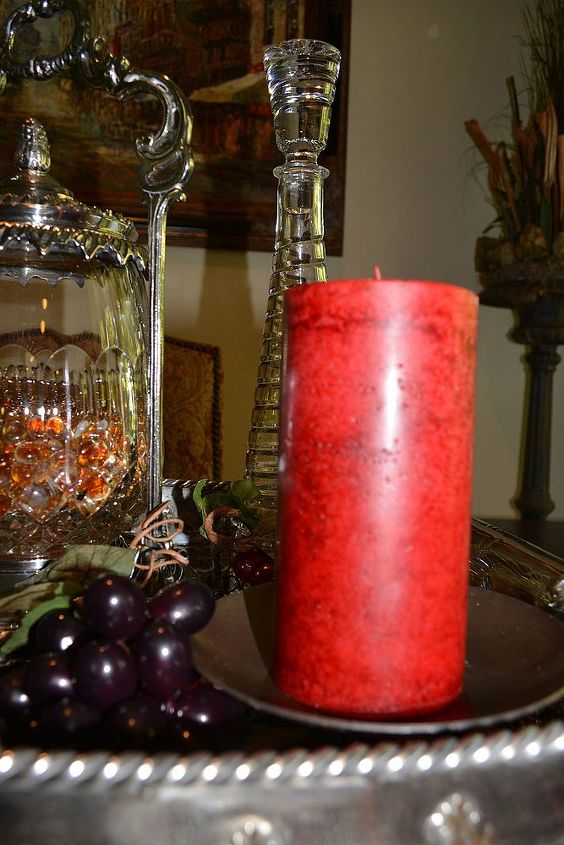 how i decorated my silver tray to bring me joy, home decor, The red candle and color and interest