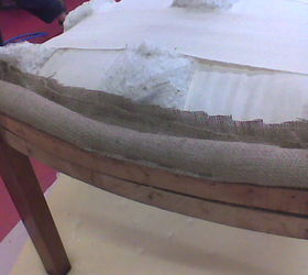 learning to upholster furniture the first lesson, painted furniture, reupholster, window treatments, Hessian covered foam made into a roll and staple to the curved front of the frame provides protection and comfort for backs of legs when sitting