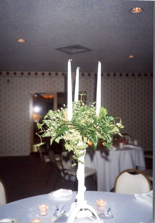 wedding candelabra made from 3 prong cone shape tomato cage, crafts, repurposing upcycling