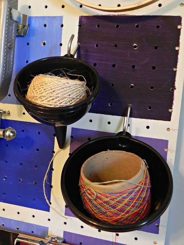project runway inspired pegboard, cleaning tips, craft rooms, organizing, Twine dispensing funnels