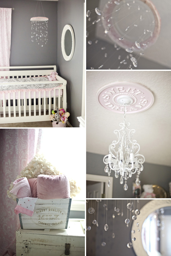 shabby chic nursery in gray and pink, bedroom ideas, home decor, shabby chic, On to Baby Blog by Jessica Wilcox Jessica created an amazing nursery for her daughter Kennedy Note all the wonderful shabby chic details she added to create this magical nursery I also wanted to thank Jessica for choosing my Sweet Dreams Ceiling Medallion in pale pink distressed Ceiling Medallions for the Nursery by