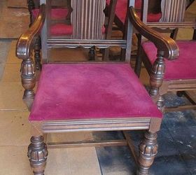 diy 1920 s vintage table chairs redo, home decor, living room ideas, painted furniture, BEFORE Old Raspberry Upholstery Underneath was original peach velvet upholstery Two layers was brutal to remove Only cut myself twice on old rusty tacks lol