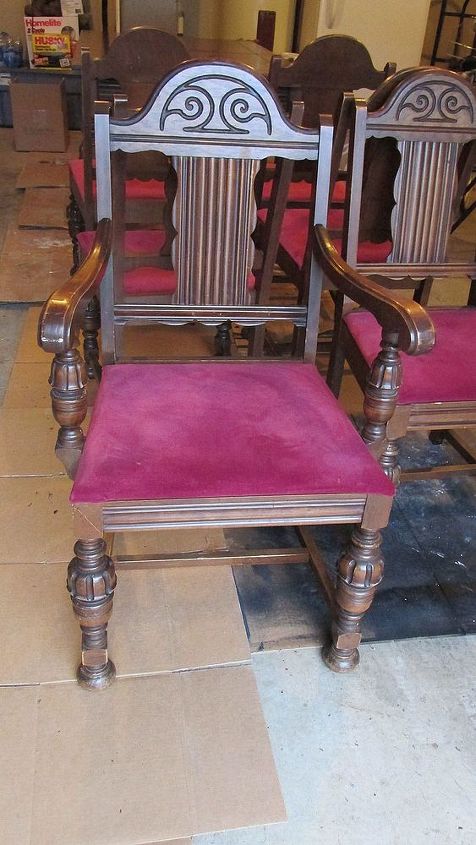 diy 1920 s vintage table chairs redo, home decor, living room ideas, painted furniture, BEFORE Old Raspberry Upholstery Underneath was original peach velvet upholstery Two layers was brutal to remove Only cut myself twice on old rusty tacks lol