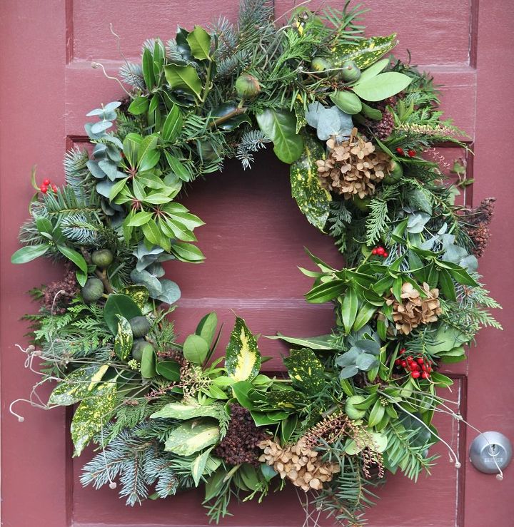 making a fresh evergreen wreath, crafts, doors, flowers, gardening, hydrangea, seasonal holiday decor, wreaths, You can use just about anything you can find in a fresh wreath This potpourri wreath has over 15 kinds of greens including pine spruce eucalyptus hydrangea figs acuba and pieris
