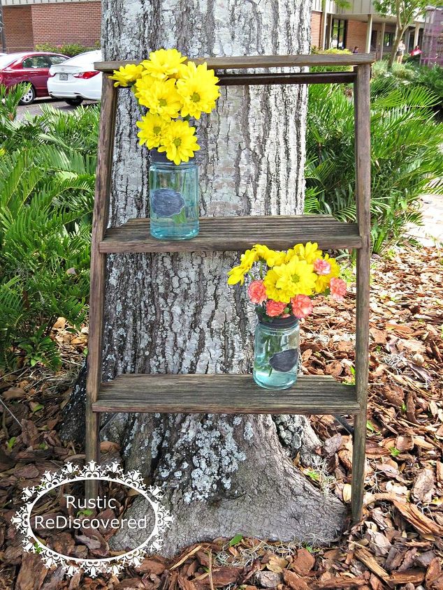 little ladder with blue jars for flowers, flowers, gardening, home decor, repurposing upcycling, Finished Ladder