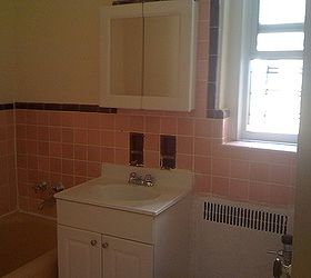 pink bathroom in rented apartment what to do, Pink tile and builder grade vanity Maroon accent tile