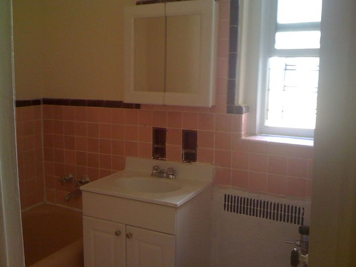 pink bathroom in rented apartment what to do, Pink tile and builder grade vanity Maroon accent tile