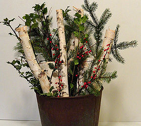 christmas decorating with vintage amp salvaged metal, christmas decorations, electrical, repurposing upcycling, seasonal holiday decor, A rusted bucket was the base for my display of birch logs and cuttings from the yard
