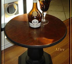 antique occasional table before after, painted furniture, The piece was so coated with stain wax that I couldn t find the inlay it was like I d won the lottery With an abundance of wood conditioner gentle sanding for a looooong time some matte black and a walnut stain here he is