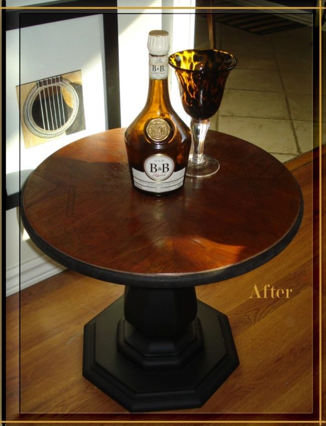 antique occasional table before after, painted furniture, The piece was so coated with stain wax that I couldn t find the inlay it was like I d won the lottery With an abundance of wood conditioner gentle sanding for a looooong time some matte black and a walnut stain here he is