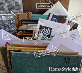 farmhouse style file box, cleaning tips, crafts, Here s some of my scraps pulled out so you can see it in action One thing I didn t realize when making it is that as I use it daily it has a different cover each day of the month