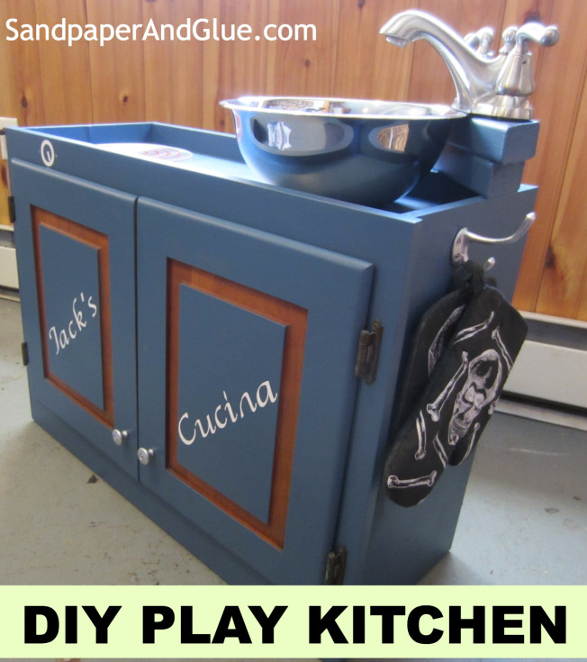 diy play kitchen, diy, woodworking projects, The sink is a stainless steel mixing bowl the faucet is an old one from my house we updated the bathroom got a new faucet and the knobs were spraypainted with Looking Glass paint