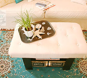 upholstering tufting a coffee table turned ottoman, painted furniture, reupholster, Tufts give the plain fabric top cushion more interest and texture