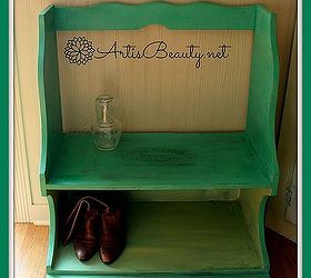 vintage mudroom bench using some paint and a freezer paper transfer, painted furniture