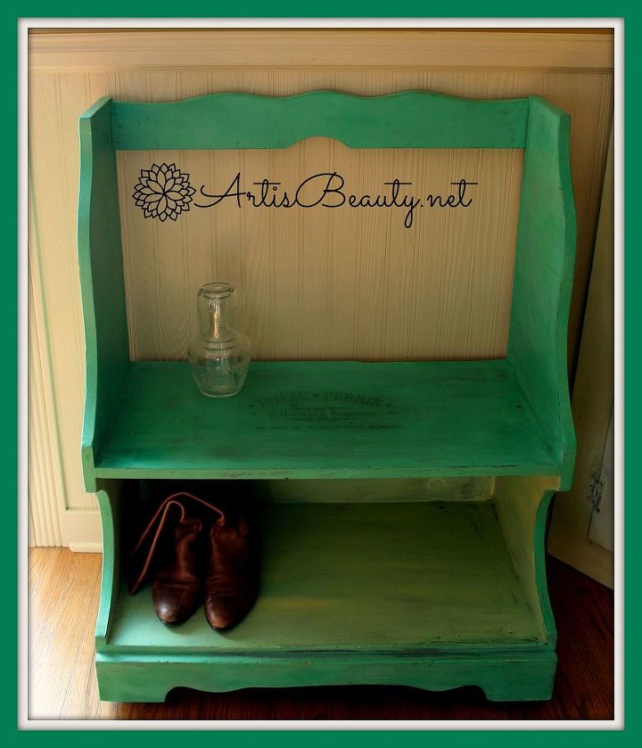 vintage mudroom bench using some paint and a freezer paper transfer, painted furniture