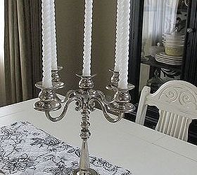 diy 1920 s vintage table chairs redo, home decor, living room ideas, painted furniture, Found this very heavy candelabra at a thrift store for 5 00 Can you believe it Um score a girls gotta thrift Found the quilted runner on ebay