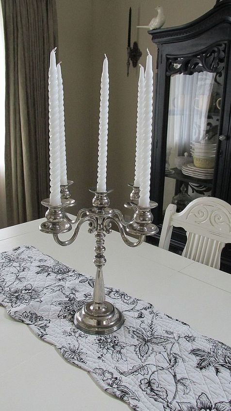 diy 1920 s vintage table chairs redo, home decor, living room ideas, painted furniture, Found this very heavy candelabra at a thrift store for 5 00 Can you believe it Um score a girls gotta thrift Found the quilted runner on ebay