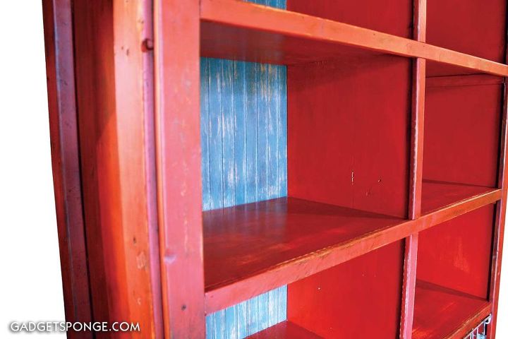 custom bookcase with vintage lockers and baskets, painted furniture, storage ideas, Some detail of the distressed treatment GadgetSponge com