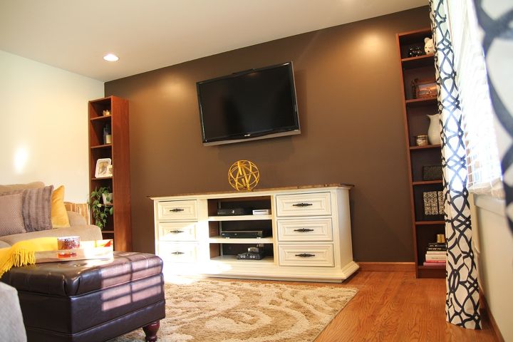 living room with a dark accent wall, home decor, living room ideas, painting, wall decor, Featuring the entertainment center we made out of an old dresser
