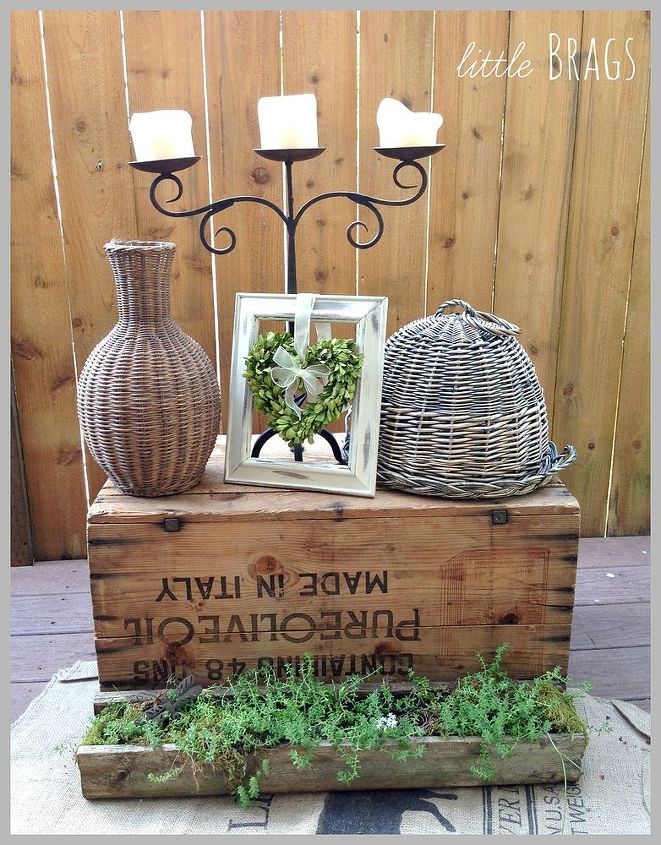different vignettes on an old crate, home decor, repurposing upcycling