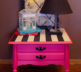 pink nightstand with black and white stripes, painted furniture