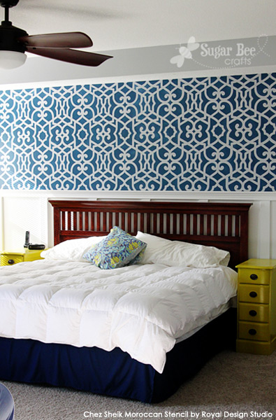 stencil inspiration for accent and feature walls, home decor, painting, wall decor, Mandy from Sugar Bee Crafts used the Chez Sheik Stencil from the Allover Moroccan Stencils Collection in a fab blue and white combo