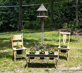 beaten up chairs and coffee table become flower seating area, flowers, gardening, repurposing upcycling