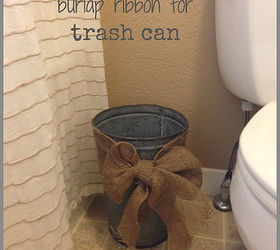 decorating with rusty buckets, bathroom ideas, home decor, Old flower bucket made into a trashcan with burlap ribbon