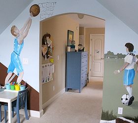 dream boy s bedroom amp playroom, home decor, The boy s playroom features a North Carolina sports themed mural You ll find Tar Heels and Carolina Panthers players on the wall