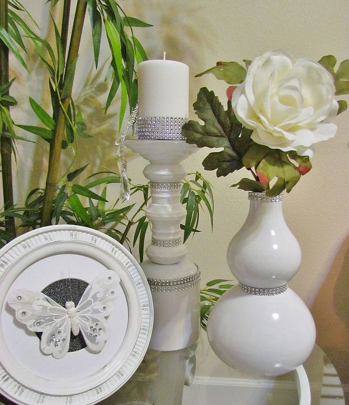 lamp made vase 4 of 5 white and silver d cor accents, crafts, repurposing upcycling, Vignette using candle holder from 1 of 5 turned upside down Pillar candle from 2 of 5 A few crystal tassels from 3 of 5