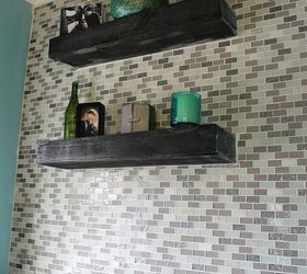diy glass tile accent wall in master bathroom, bathroom ideas, home decor, tiling, I wanted to add some texture to this bathroom by combining these two pallet wood shelves and glass tile together