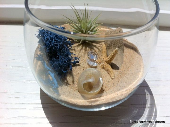 mini beach terrarium in stemless wine glass, gardening, repurposing upcycling, seasonal holiday d cor, terrarium, I love how the itty bitty jewels catch the light and the other objects cast cool shadows