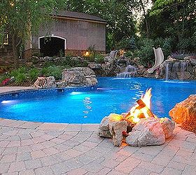 hanging by the pool today, outdoor living, ponds water features, pool designs, spas, 3 gas firepits keep the patios warm on a cool evening These are photos are all of the same pool project my personal favorite