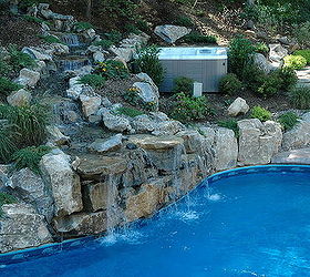 integrating a portable spa into a backyard oasis, landscape, outdoor living, ponds water features, pool designs, spas, Waterfall and Stream Picture perfect stream falls past spa over moss rock boulders around rich plantings and into waterfall and pool