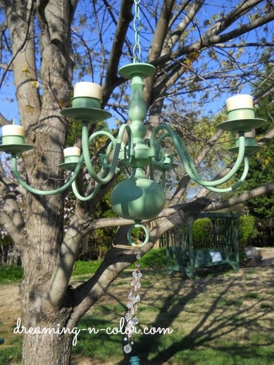 make an outdoor chandelier for you next bbq, outdoor living, Add candles in the cups for nighttime ambience